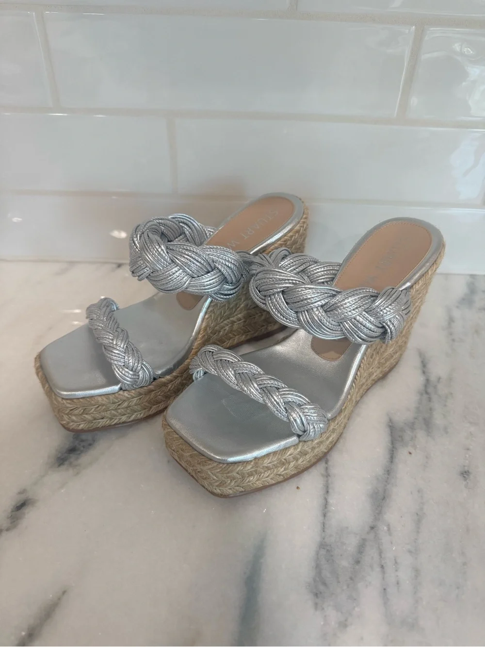 Stuart Weitzman Silver Braided Rope Strap Espadrille Wedge Sandals Spain 6.5